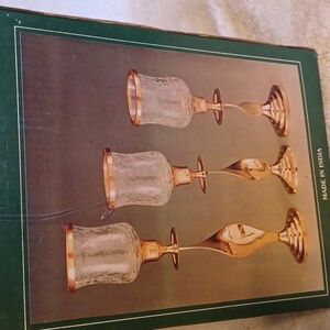 Solid brass candle holders set with crackle glass chimneys